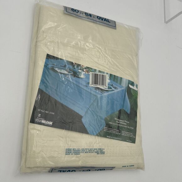 NOS Satin Stripe Fabric Cream Tablecloth NIP 100% Textured Polyster 60 x 84 Oval - Picture 7 of 12